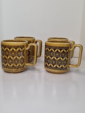 Vintage Royal Sealy Japan Brown Amber Geometric Coffee Mugs Cups Set of 4 MCM